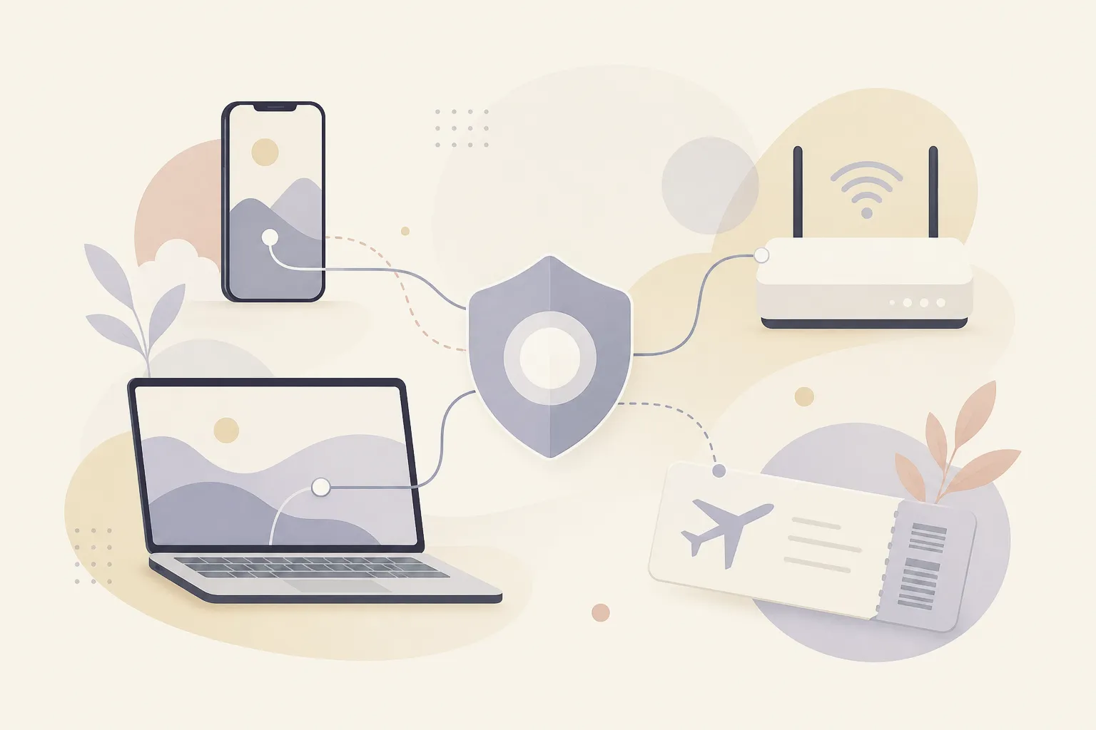 Friendly abstract VPN illustration connecting everyday devices, travel, and home Wi-Fi