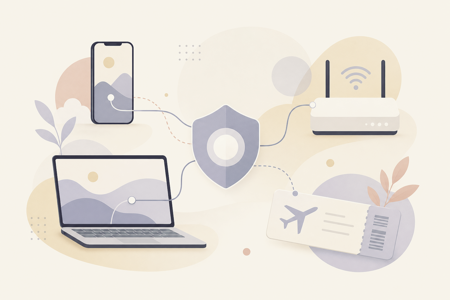 Friendly abstract VPN illustration connecting everyday devices, travel, and home Wi-Fi