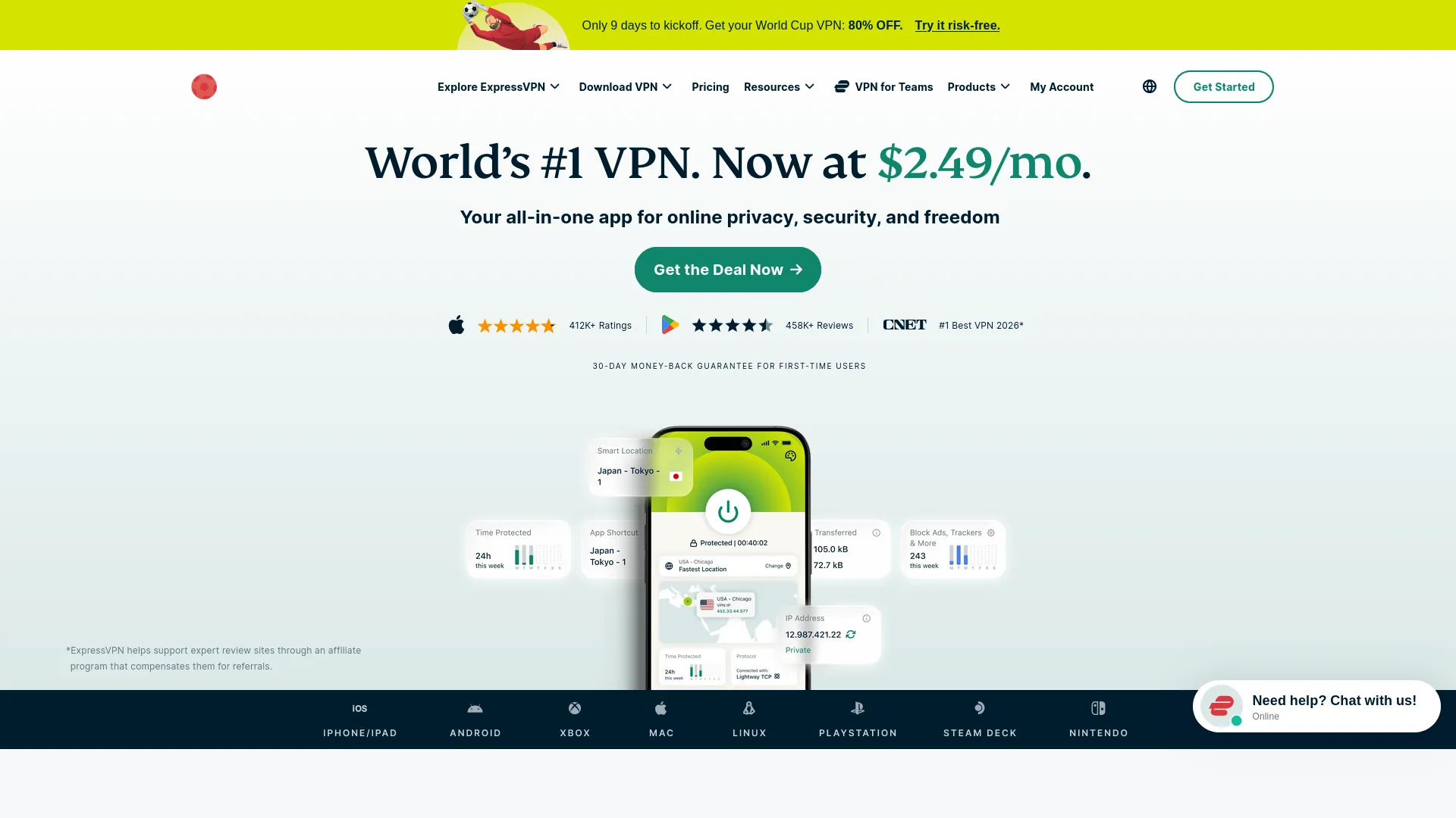 ExpressVPN homepage screenshot captured for VPN review context