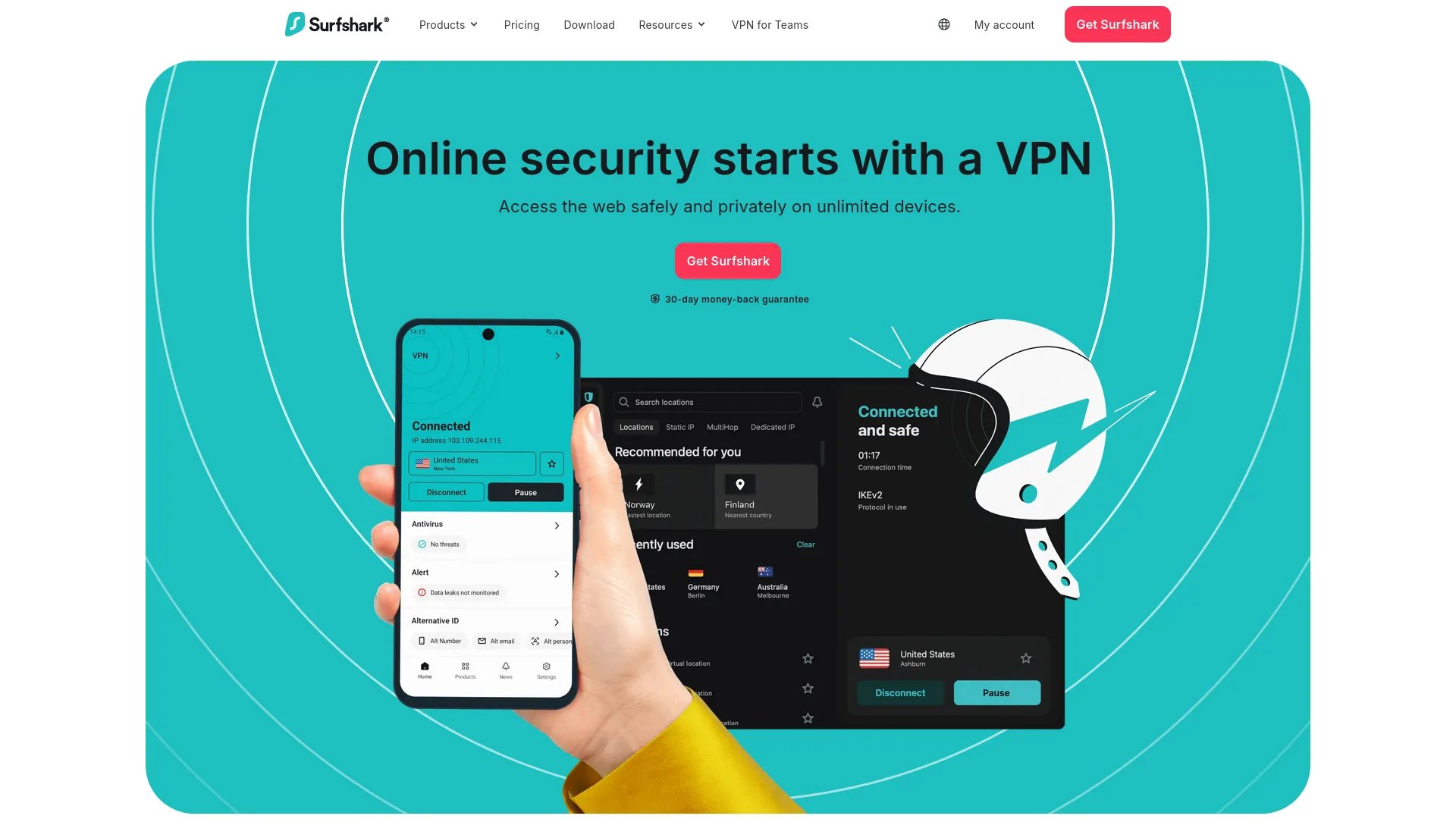 Surfshark homepage screenshot captured for VPN review context